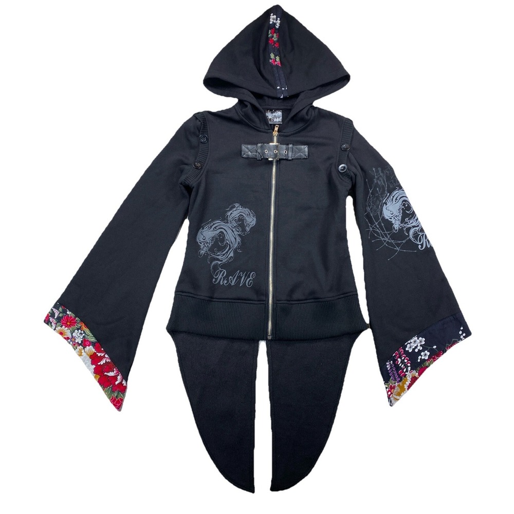 Punk Rave Women's Small Hoodie Tail Coat Floral  Skulls Goth Full Zip Buckle